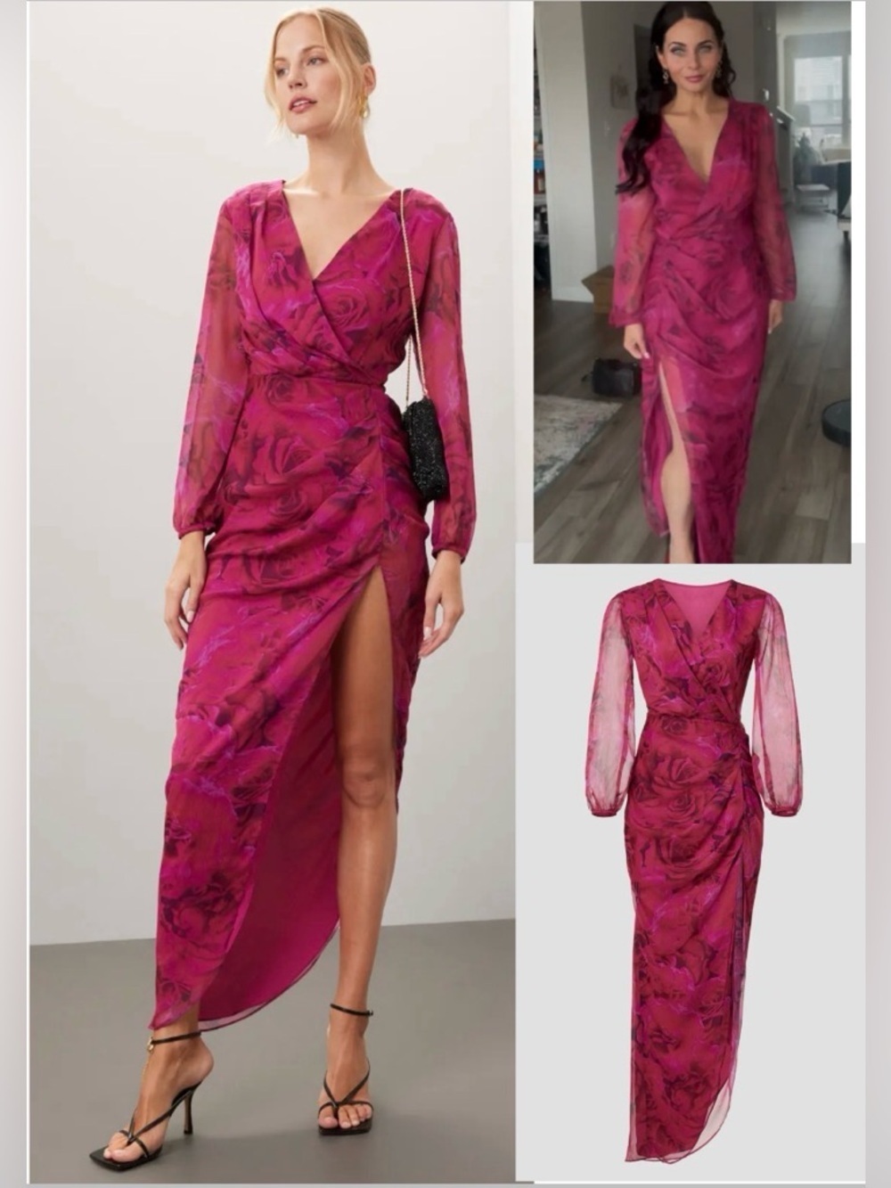 Amanda Uprichard Fuchsia Sheer-Sleeve rose floral gown size Medium.